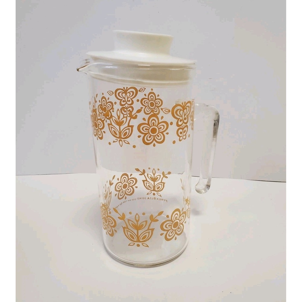 Vintage Pyrex Butterfly Flower Gold Glass Pitcher/Carafe Handle Stopper Lid
